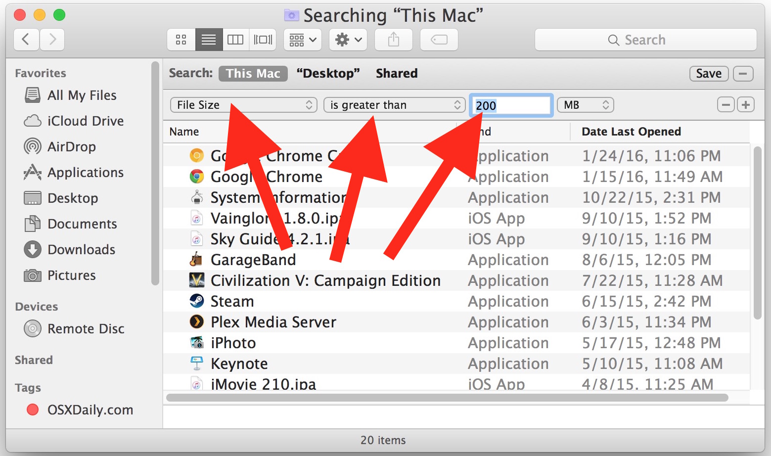 search mac for files bigger than